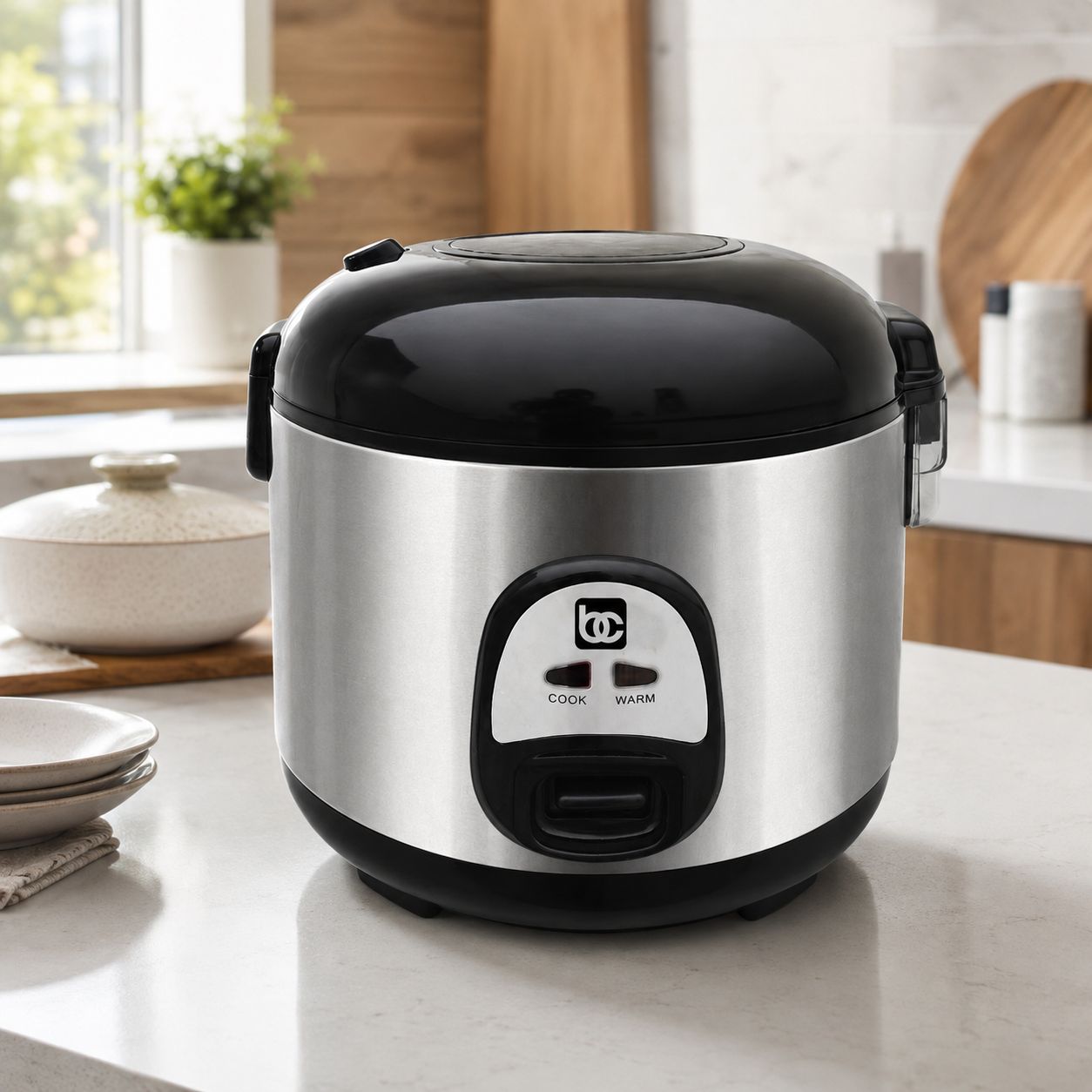 BENE CASA 7-Cup Uncooked/14-Cup Cooked Thermo Rice Cooker and Food Steamer, One-Touch Operation, Automatic Keep-Warm Function, Stainless-Steel Finish  BC-43921