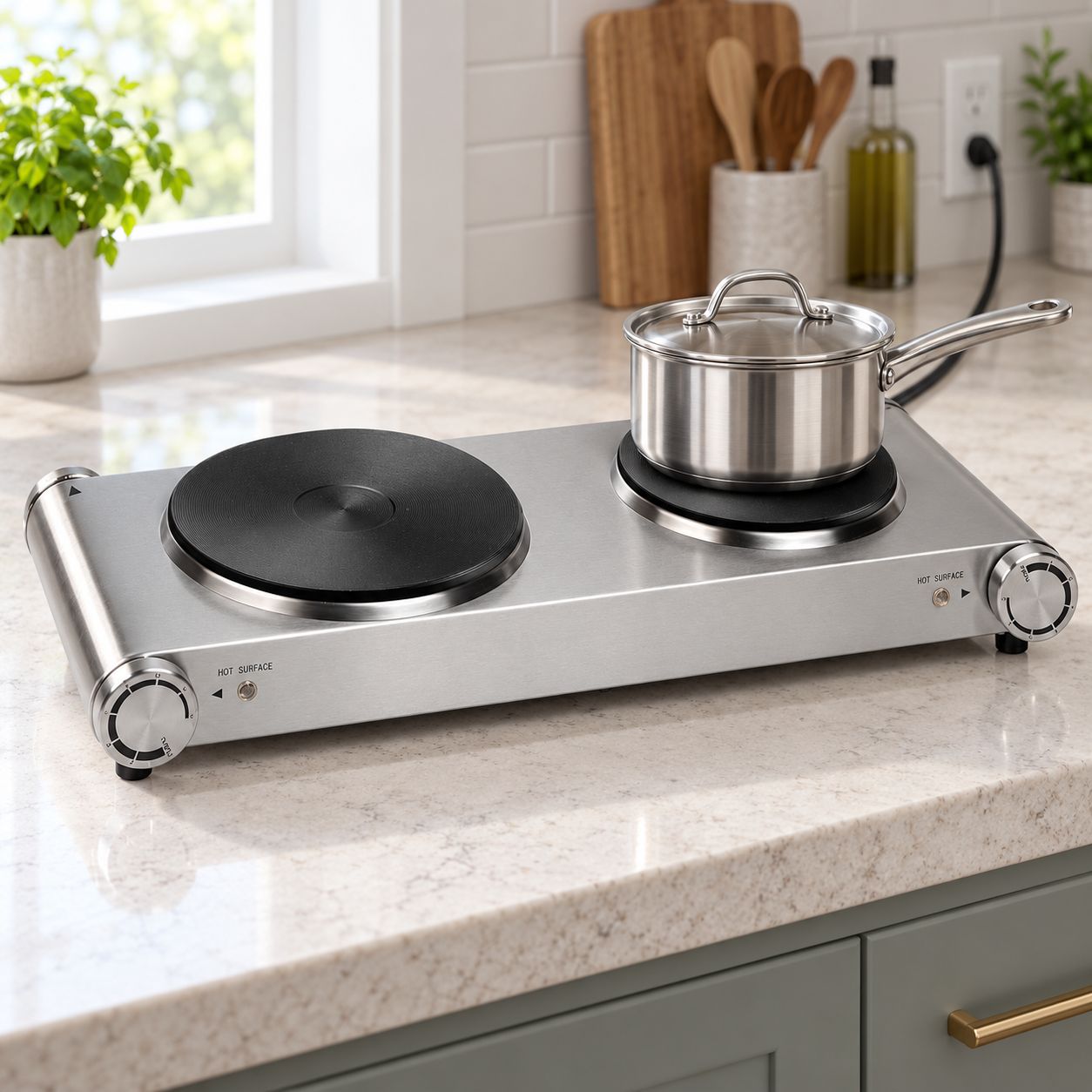 BENE CASA 1,800W Portable Double Electric Burner, Stainless-Steel Body, Solid Cast-Iron Heating Plates, Adjustable Thermostats, Power Indicator Lights, 120V/60Hz  BC-72608