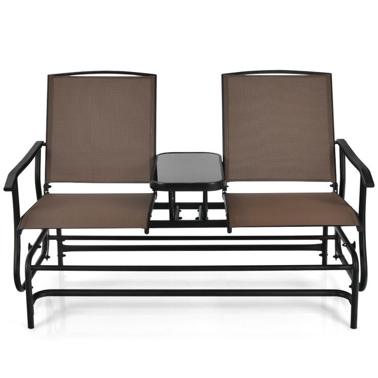 COSTWAY 2-Person Double Rocking Loveseat with Mesh Fabric and Center Tempered Glass Table