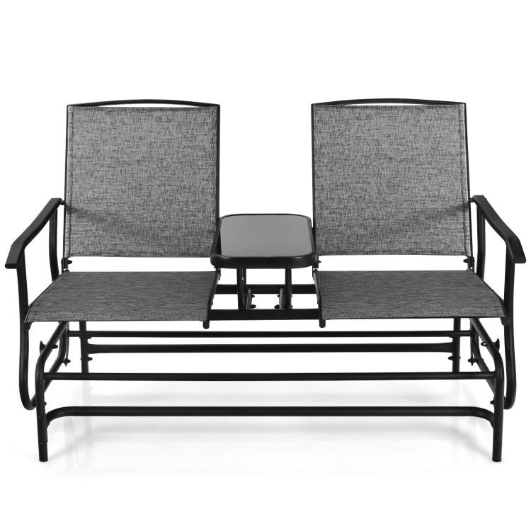 COSTWAY 2-Person Double Rocking Loveseat with Mesh Fabric and Center Tempered Glass Table, Color: Gray