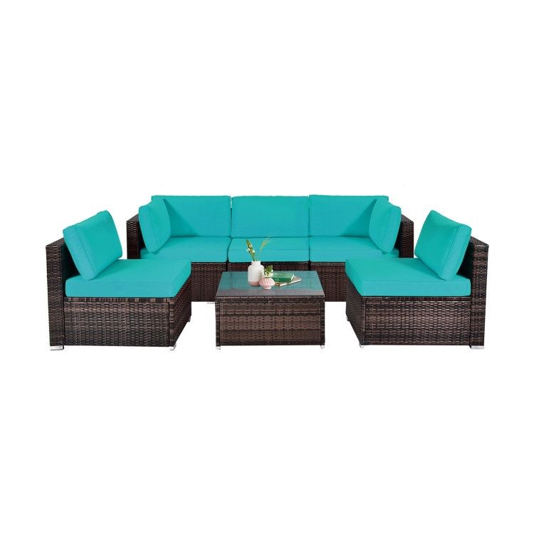 COSTWAY 6 Pieces Rattan Patio Sectional Sofa Set with Cushions Turquoise