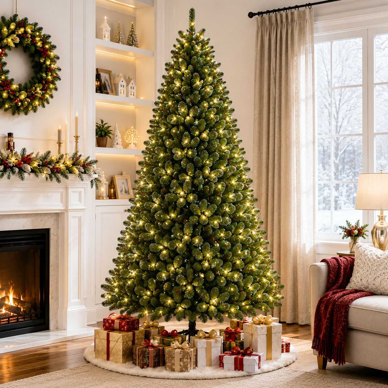 Costway 7 ft. Pre-Lit Artificial Christmas Tree with Realistic PVC Branch Tips, 300 LED Lights, Hinged Branch Design &amp; Foldable Metal Stand - Green (CM20638)