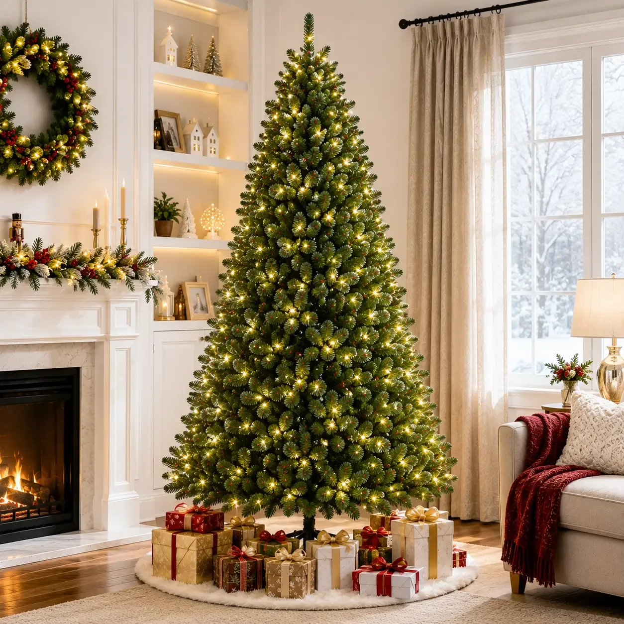 Costway 7 ft. Pre-Lit Artificial Christmas Tree with Realistic PVC Branch Tips, 300 LED Lights, Hinged Branch Design &amp; Foldable Metal Stand - Green (CM20638)