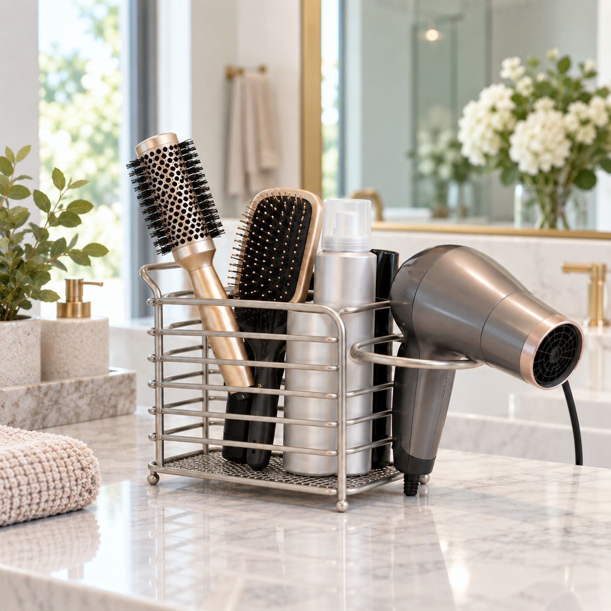 SPECTRUM Ashley Countertop Hair Dryer &amp; Accessory Organizer, Steel, Satin Nickel, 20777