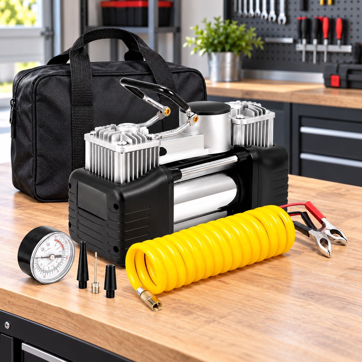 AudioPipe 12V DC 150 PSI Portable Air Compressor with 30 LPM Airflow, Universal Inflation Adapters and Carrying Bag – CMP-15015-B
