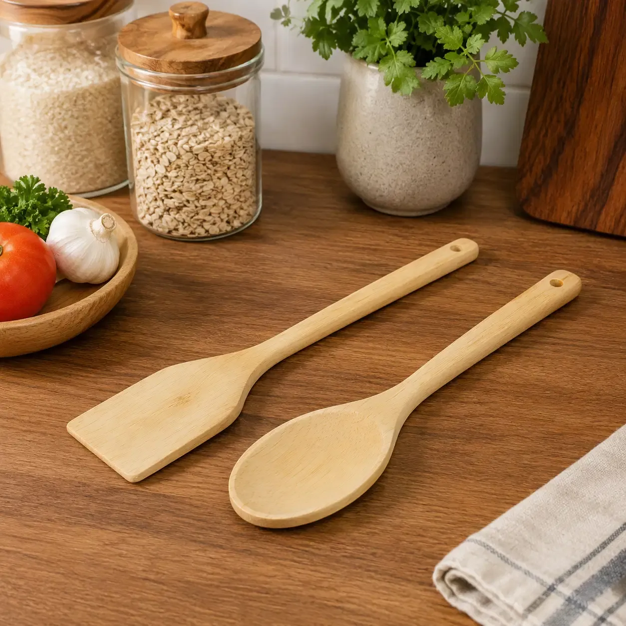 BENE CASA Classics 2-Piece 14-Inch Wooden Spoon and Spatula Kitchen Utensil Set, Natural Wood Finish  BC-58166