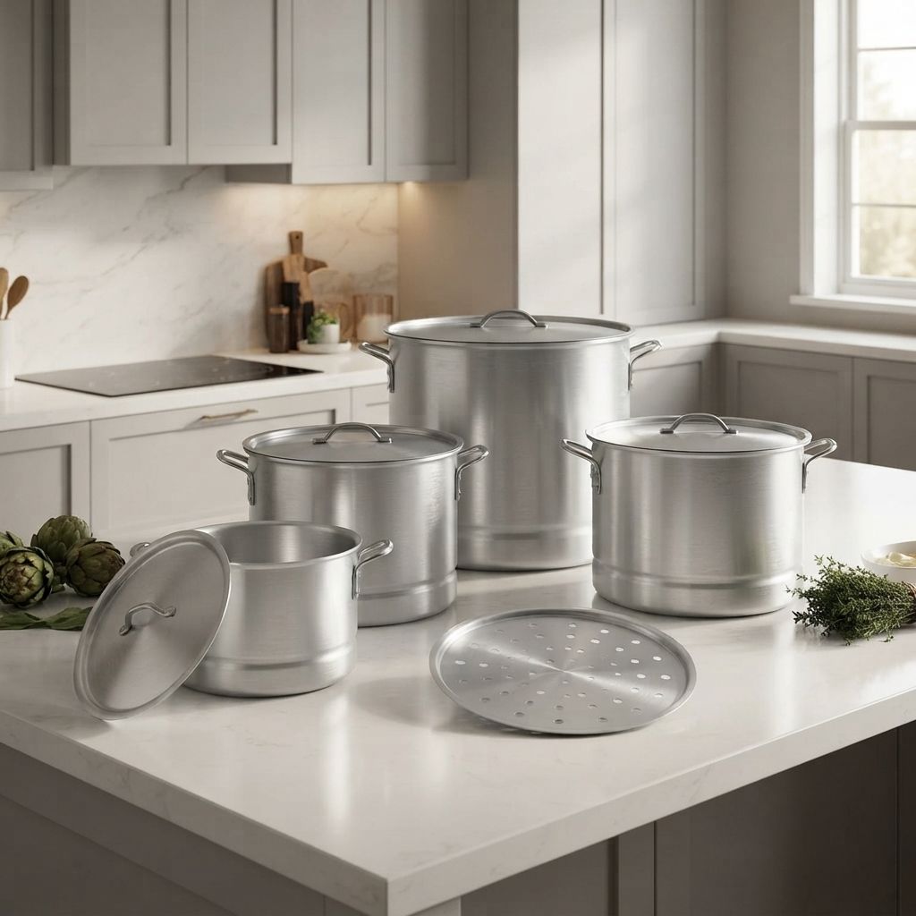 BENE CASA 15-Piece Aluminum Stock Pot Cookware Set with Matching Lids and Steamer Rack, Polished Silver Finish   BC-58014