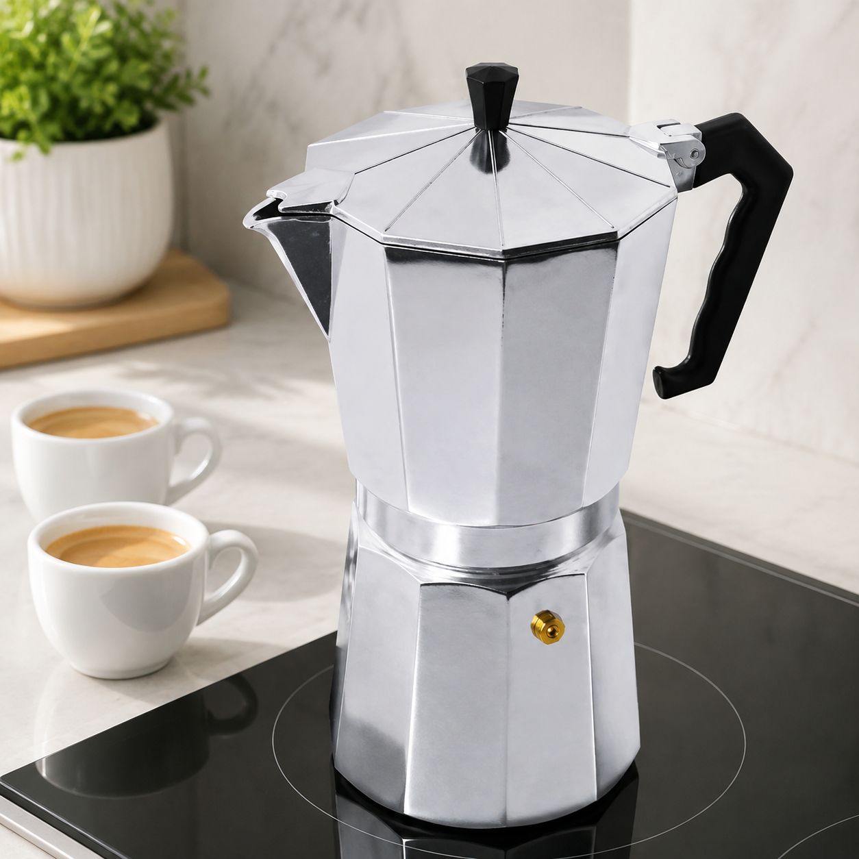 BENE CASA 9-Cup Aluminum Stovetop Espresso Maker, Cool-Touch Handle, Flip-Top Lid and Side-Pour Spout  BC-17740