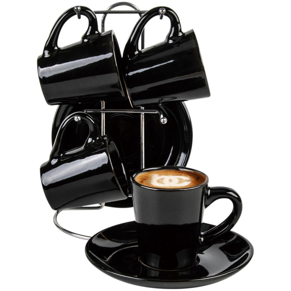 BENE CASA 9-Piece Espresso Cup and Saucer Set with Metal Display Stand, 4-Cup Service, Available in 2 Variants, Color: Black