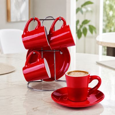 BENE CASA 9-Piece Espresso Cup and Saucer Set with Metal Display Stand, 4-Cup Service, Available in 2 Variants