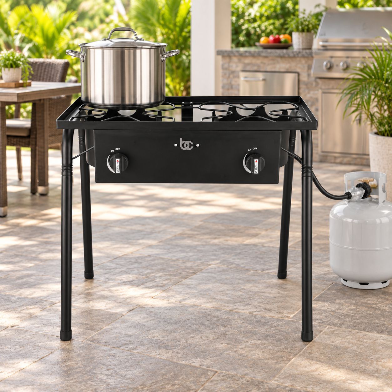BENE CASA 58,000 BTU Heavy-Duty Double Cast Iron Propane Burner, Independent Controls, High-Pressure Regulator with Extra-Long Hose, Removable Legs, Weatherproof Coating   BC-99445