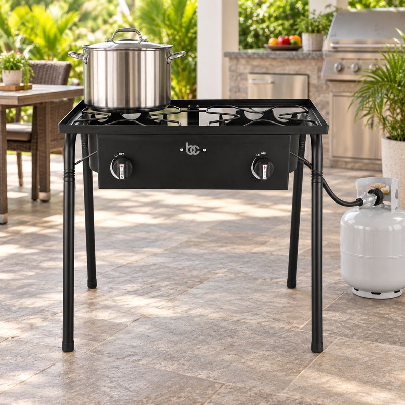 BENE CASA 58,000 BTU Heavy-Duty Double Cast Iron Propane Burner, Independent Controls, High-Pressure Regulator with Extra-Long Hose, Removable Legs, Weatherproof Coating   BC-99445