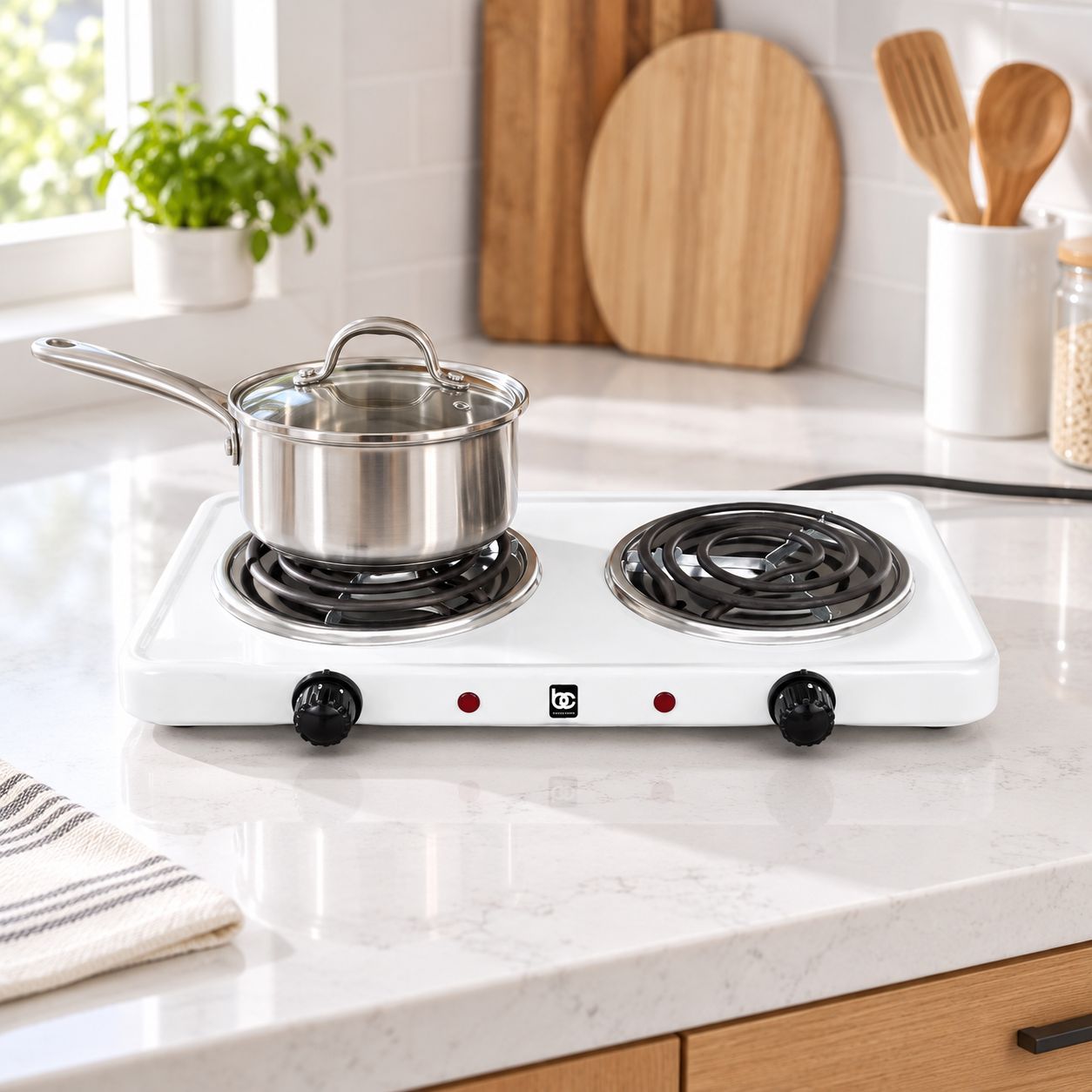 BENE CASA Portable Double Electric Coil Burner, Dual Temperature Controls, Power Indicator Light, Stainless-Steel Drip Tray, White BC-47165