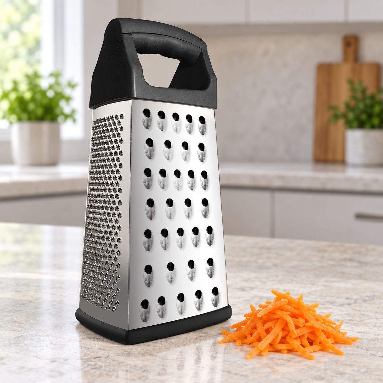 BENE CASA Handheld 4-Way Stainless-Steel Box Grater, Four Cutting Surfaces for Grating, Shredding and Slicing, Comfort-Grip Handle BC-26023