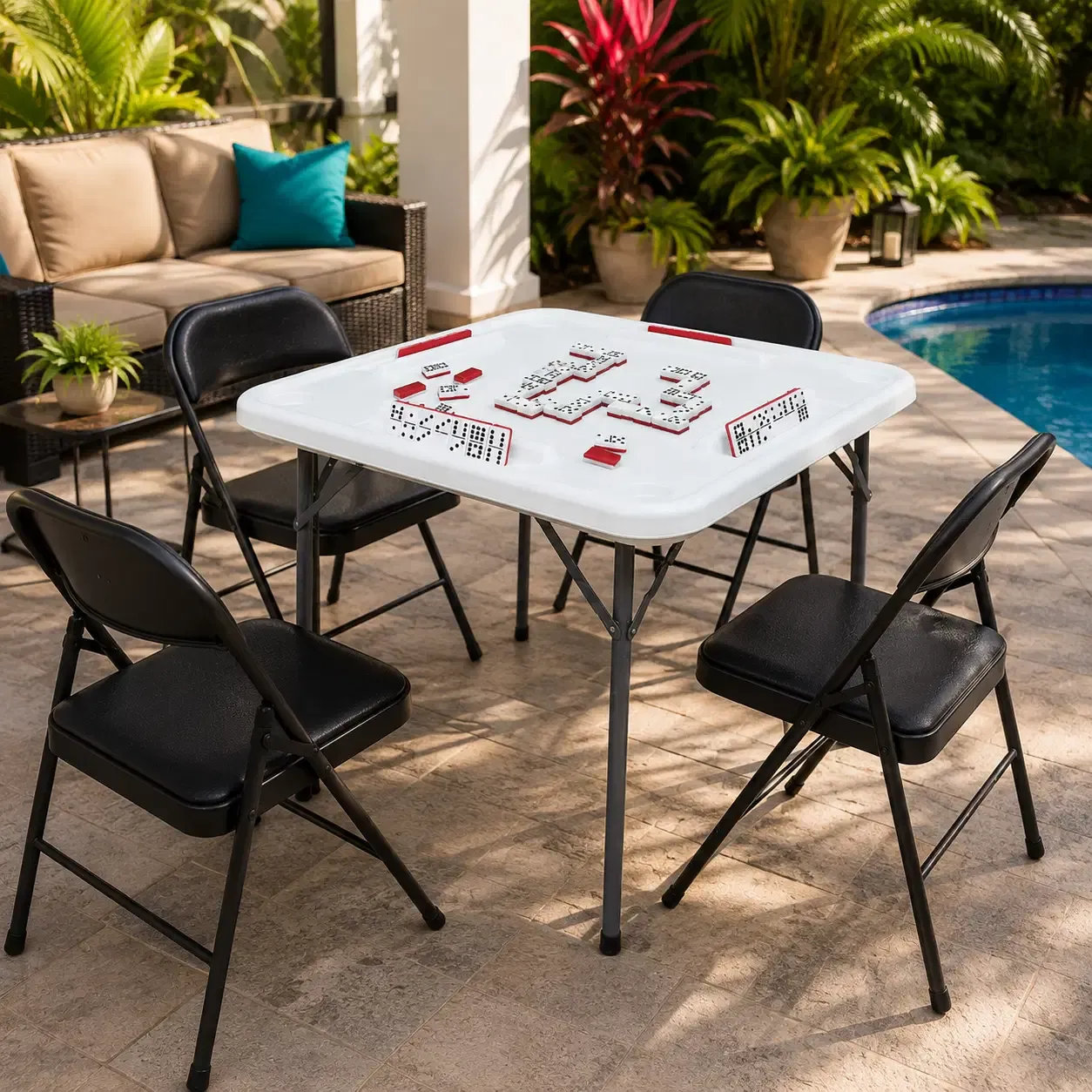 BENE CASA Professional Series 38-Inch Square Domino and Game Table, 4-Player Blow-Molded Plastic Design, Folding Steel Legs, Built-In Tile Racks and Cup Holders, Indoor/Outdoor Use, White BC-90014