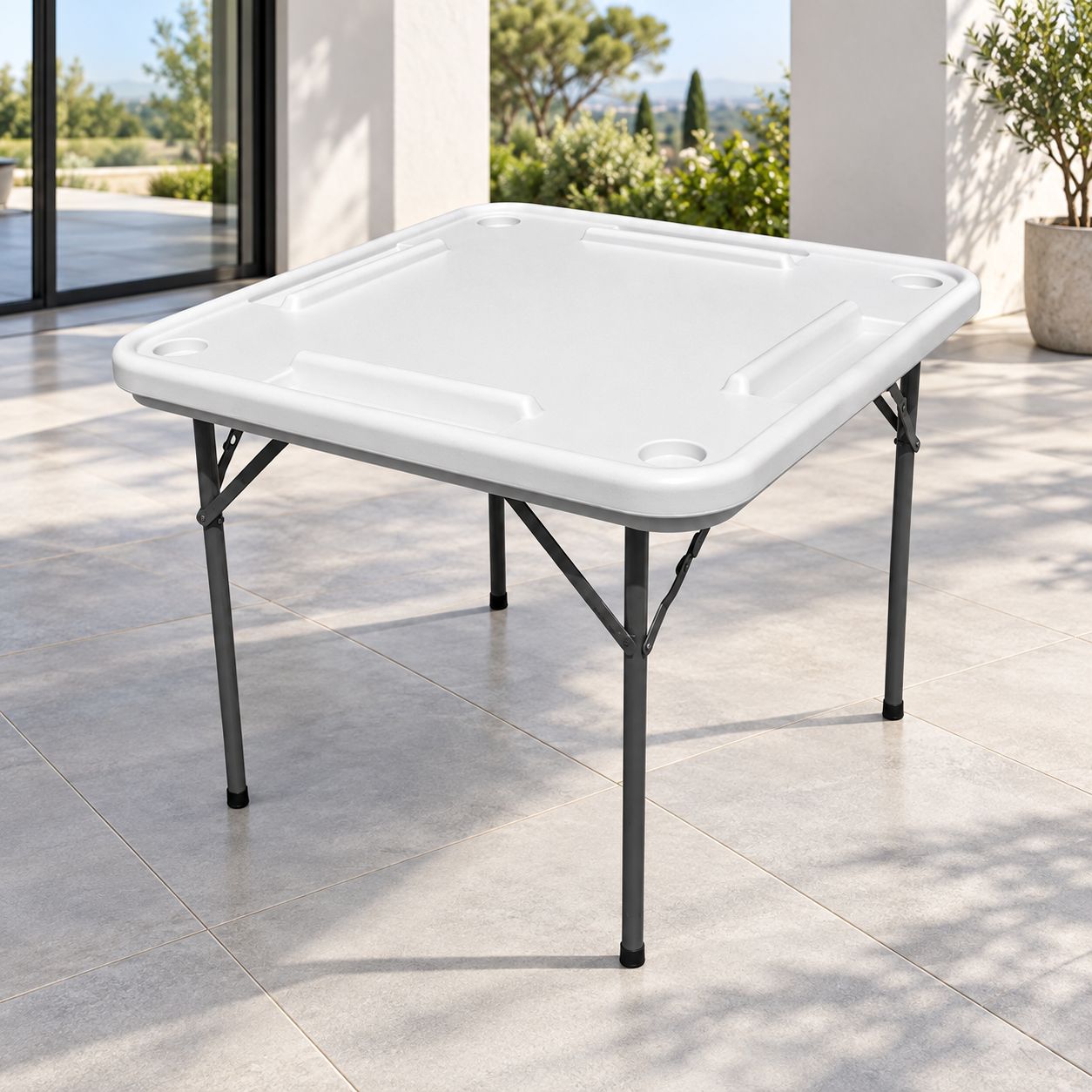 BENE CASA Professional Series 38-Inch Square Domino and Game Table, 4-Player Blow-Molded Plastic Design, Folding Steel Legs, Built-In Tile Racks and Cup Holders, Indoor/Outdoor Use, White BC-90014