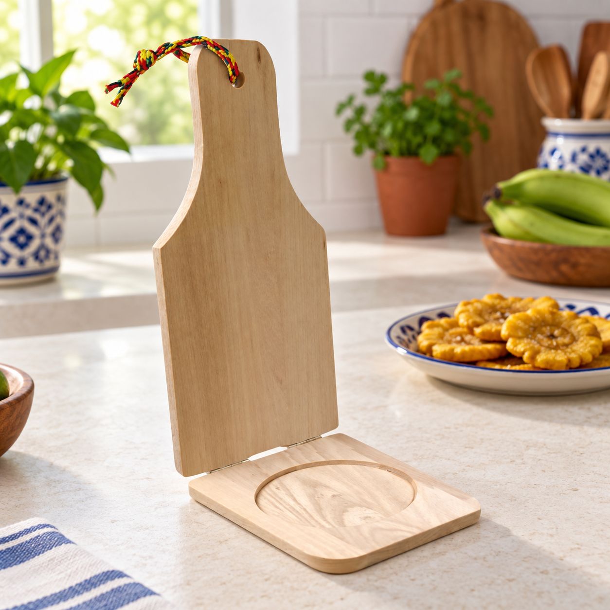 BENE CASA 10-Inch Large Pine Wood Tostonera Plantain Press, Double-Hinge Design, Natural Finish   BC-65233