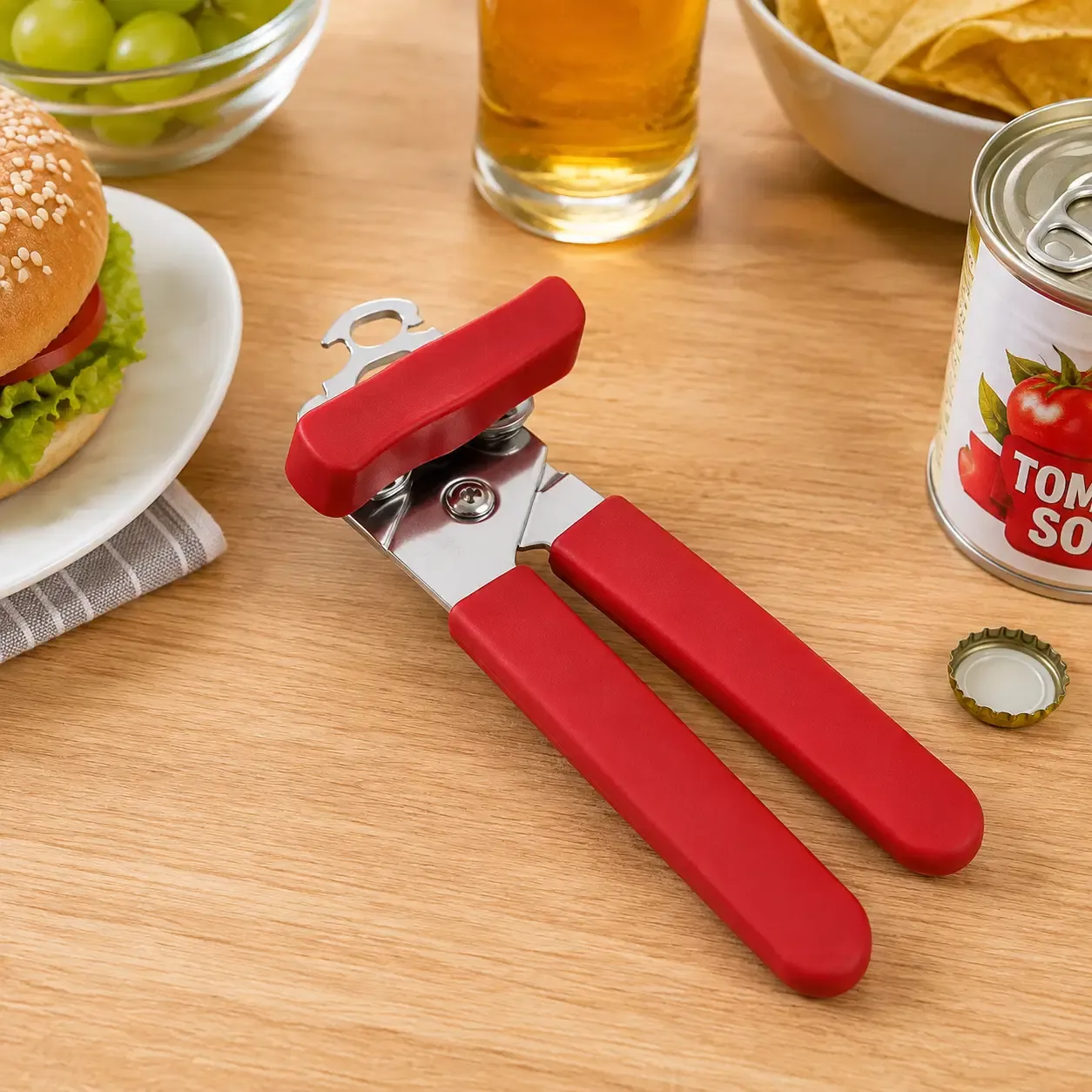 BENE CASA 3-in-1 Manual Can and Bottle Opener, Compact 3-Inch Handheld Design, Black and Red  BC-99689