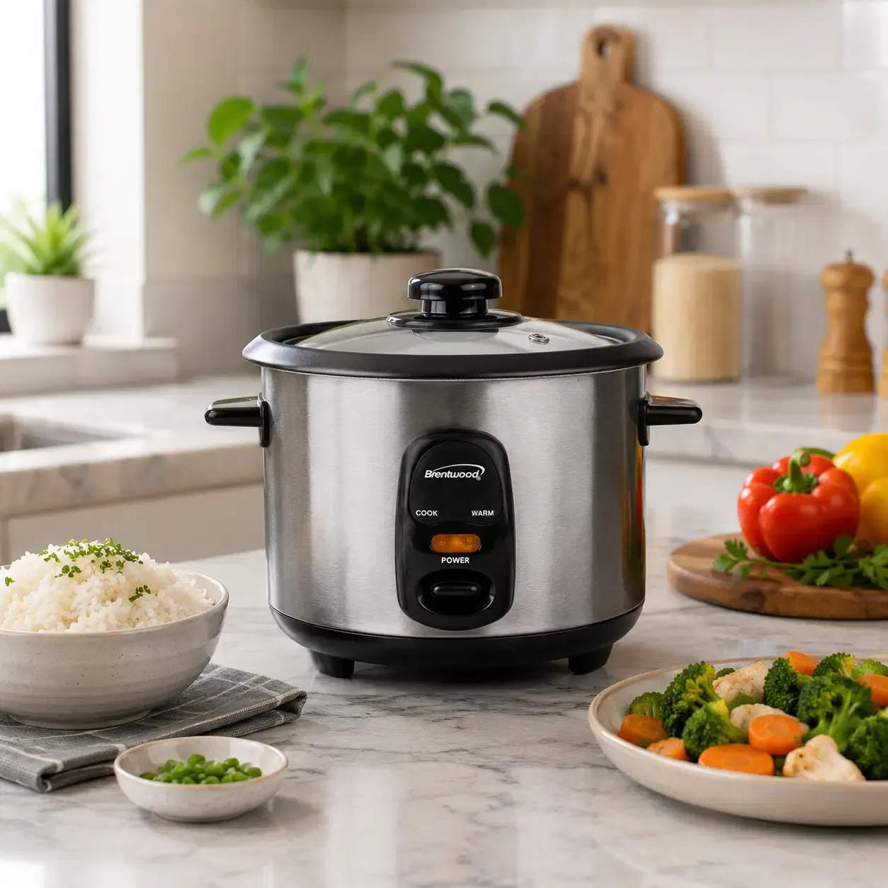 Brentwood Rice Cooker with Automatic Keep Warm Function, 1.5 Liter, 8 Cups Uncooked / 16 Cups Cooked, 500W, Nonstick Removable Pot, Tempered Glass Lid, Stainless Steel / Black (TS-15)