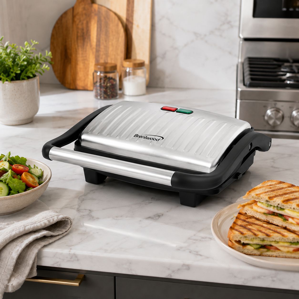 Brentwood Select Non-Stick Panini Press &amp; Sandwich Maker - 1000W, Floating Lid, Removable Drip Tray, Silver/Black (TS-611)
