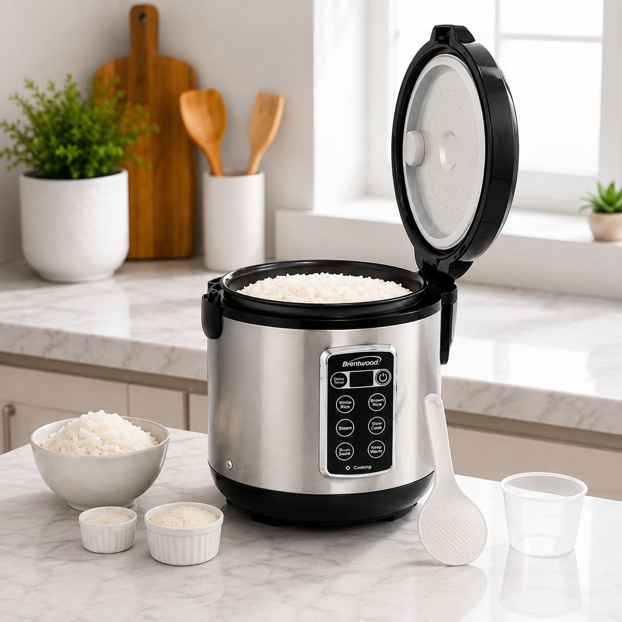 Brentwood 6-Function Smart Multi-Cooker &amp; Rice Cooker – 16-Cups Cooked/8-Cups Uncooked, 400W Digital Controls, 15-Hour Delay Timer, Sauté &amp; Slow Cook, Stainless Steel (RC-5116DS)