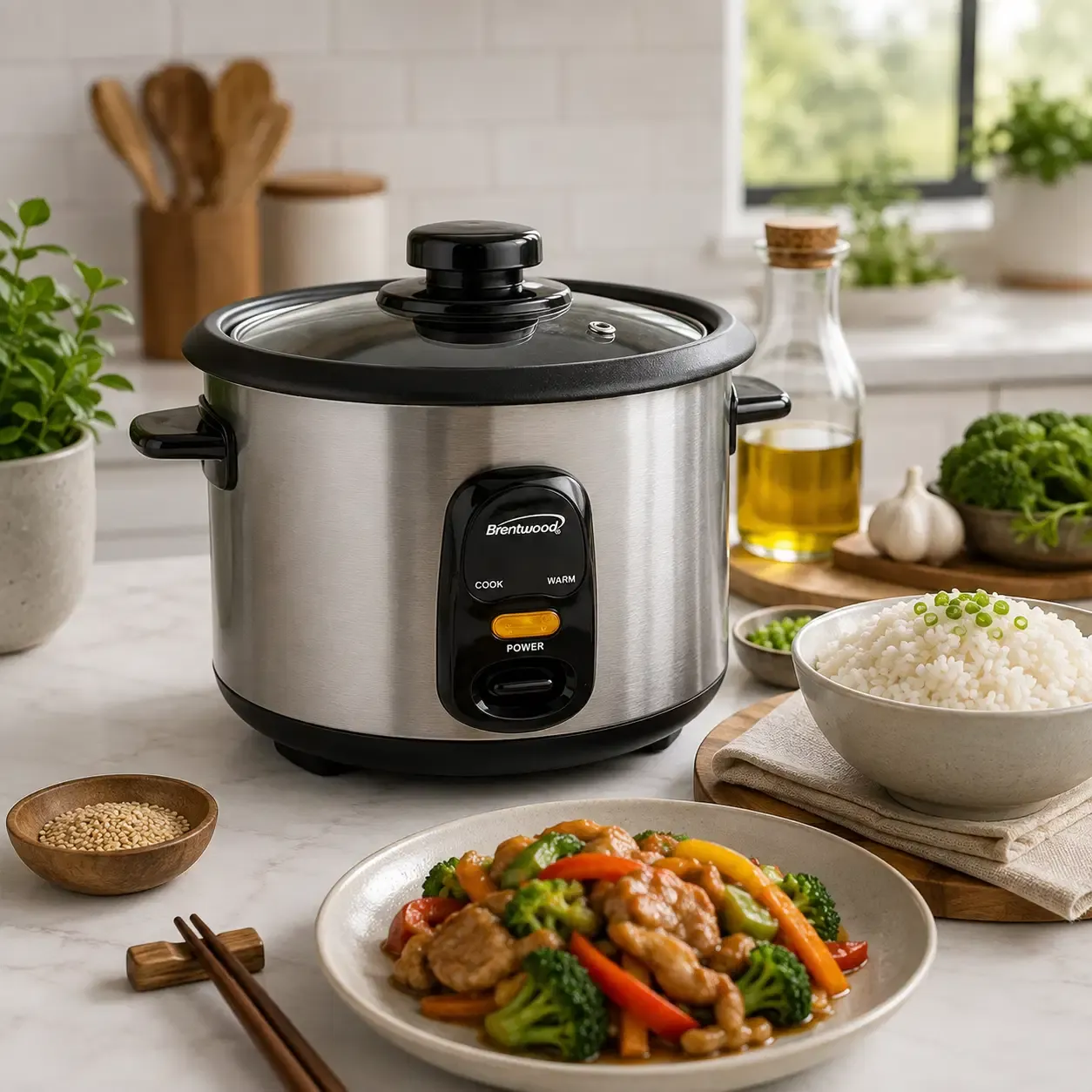 Brentwood Electric Rice Cooker with Non-Stick Pot, 5-Cup Uncooked / 10-Cup Cooked Capacity, 400W, One-Touch Operation, Automatic Warming, Tempered Glass Lid, Silver / Black (TS-10)