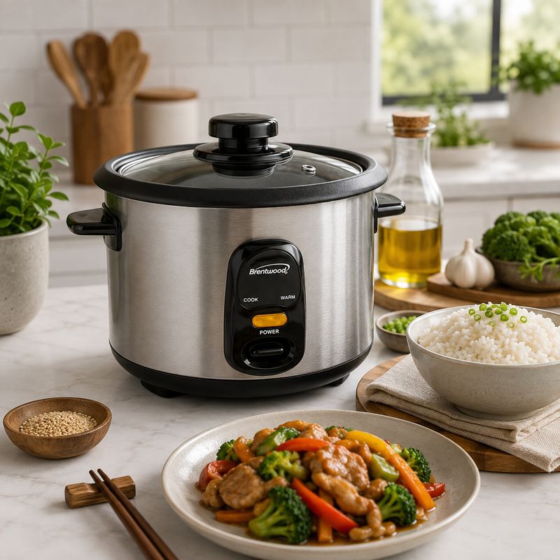 Brentwood Electric Rice Cooker with Non-Stick Pot, 5-Cup Uncooked / 10-Cup Cooked Capacity, 400W, One-Touch Operation, Automatic Warming, Tempered Glass Lid, Silver / Black (TS-10)