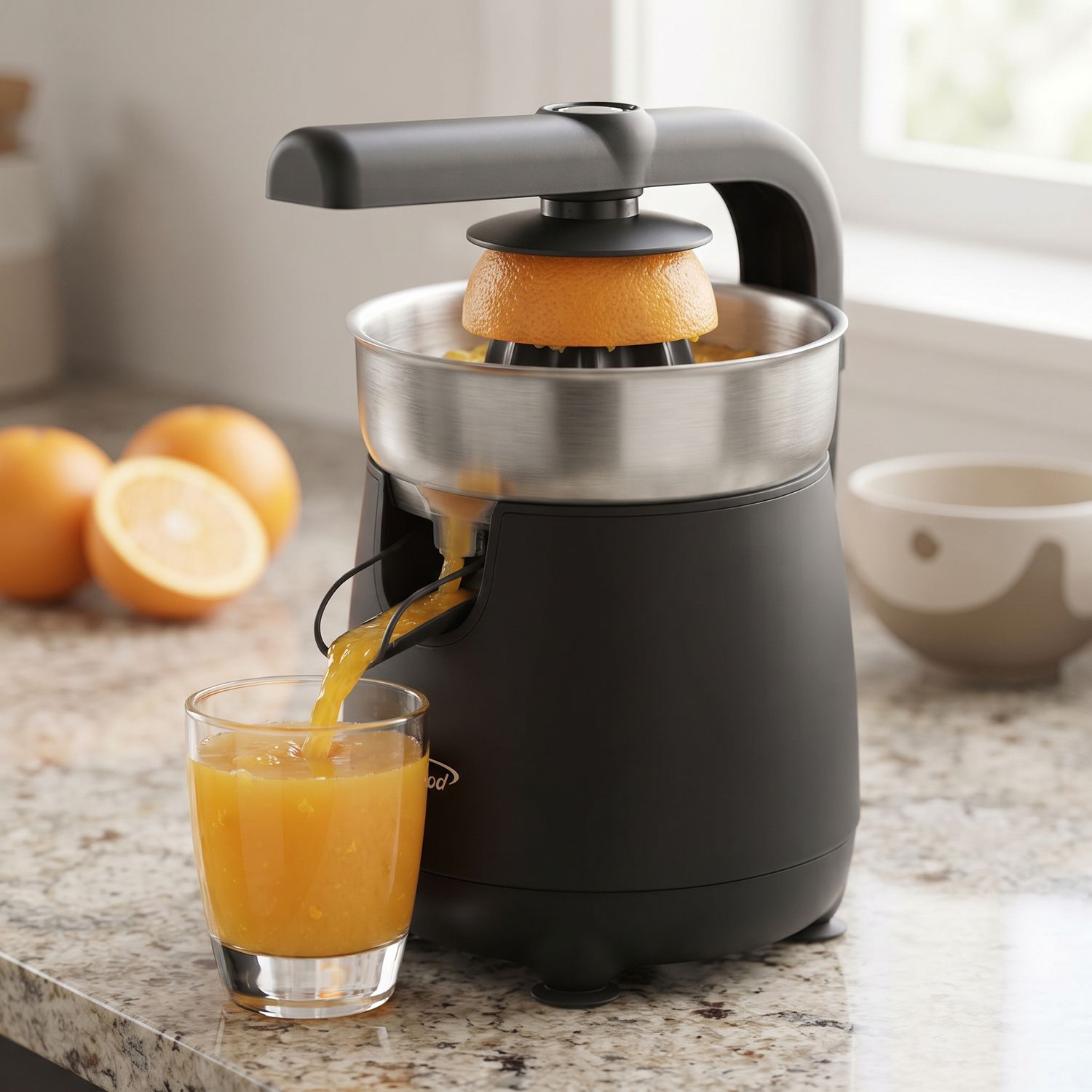 Brentwood Electric Citrus Juicer with Ergonomic Lever, Self-Reversing Extraction Cones, Stainless Steel Filter, 80-Watt, Black (J-26BK)