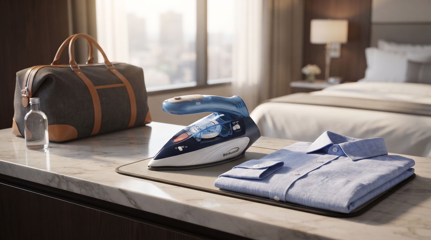 Brentwood 800-Watt Dual Voltage Non-Stick Ceramic Travel Steam Iron with Foldable Handle, Blue &amp; White (MPI-45)