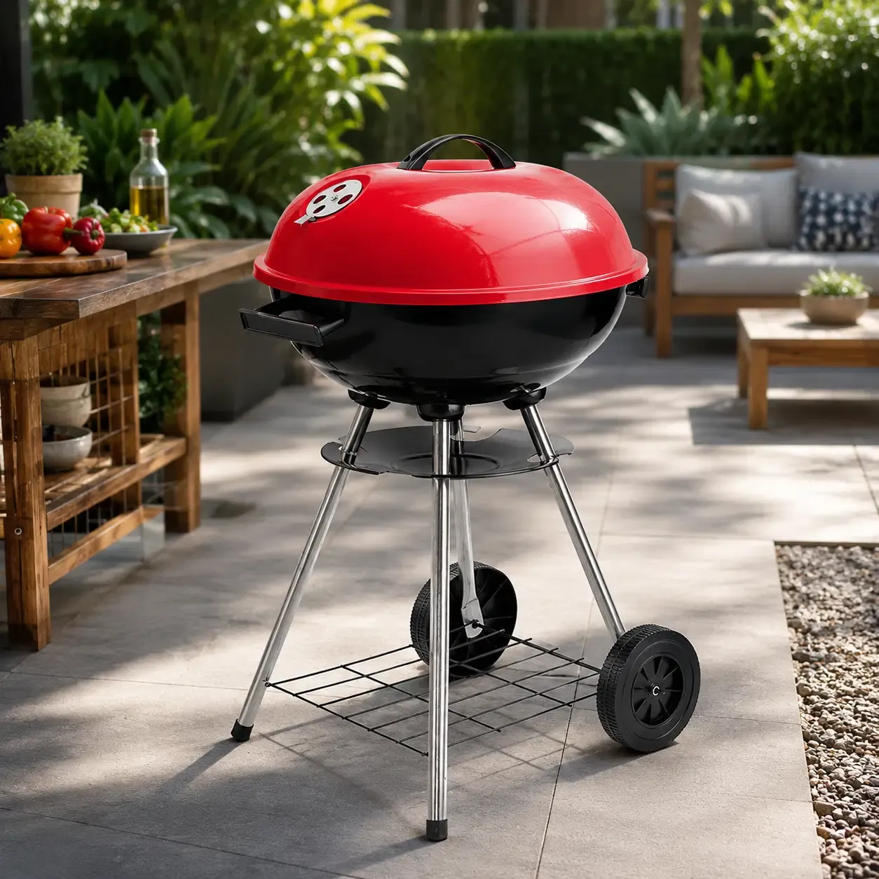 Brentwood Portable Charcoal BBQ Grill, 226 Sq. In. Cooking Surface, 17-Inch, Chrome-Plated Grate, Adjustable Vent, Built-In Wheels, Red/Black (BB-1701)