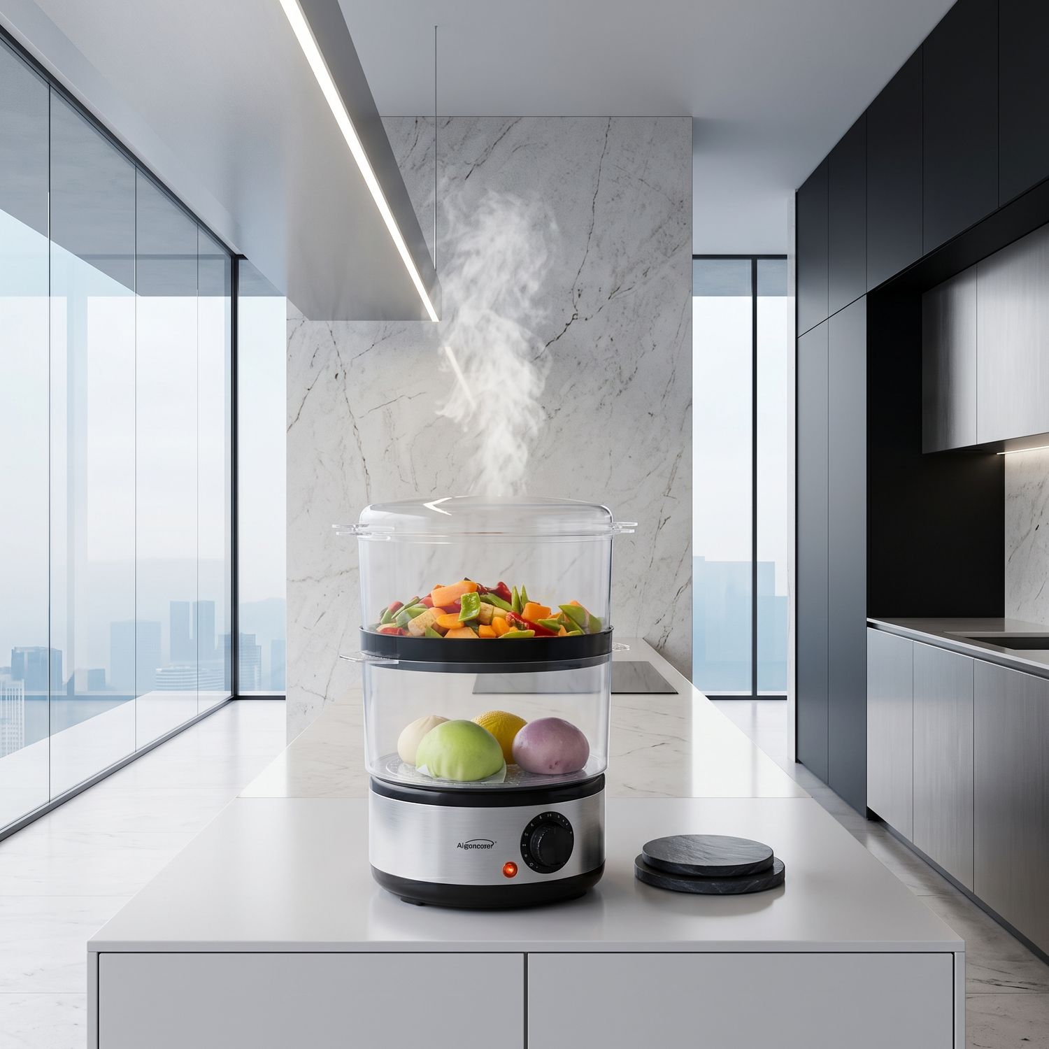 Brentwood Double-Tier Electric Food Steamer, 5-Quart Capacity, 400W with 60-Minute Timer, Silver/Black (TS-1005)