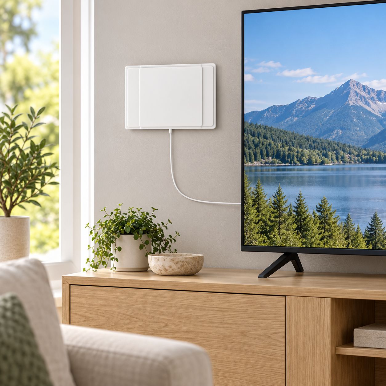 BARKAN INDOOR HDTV FLAT ANTENNA WITH UP TO 40-MILE RECEPTION RANGE, 5 DB GAIN, 10-FT CABLE AND TABLETOP OR WALL-MOUNT INSTALLATION, WHITE – AF40P.W