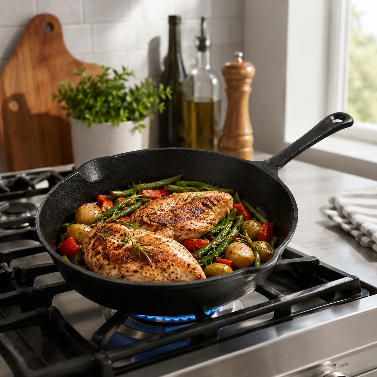 BENE CASA 10-Inch Round Cast Iron Skillet with Long Handle, Black  BC-65600