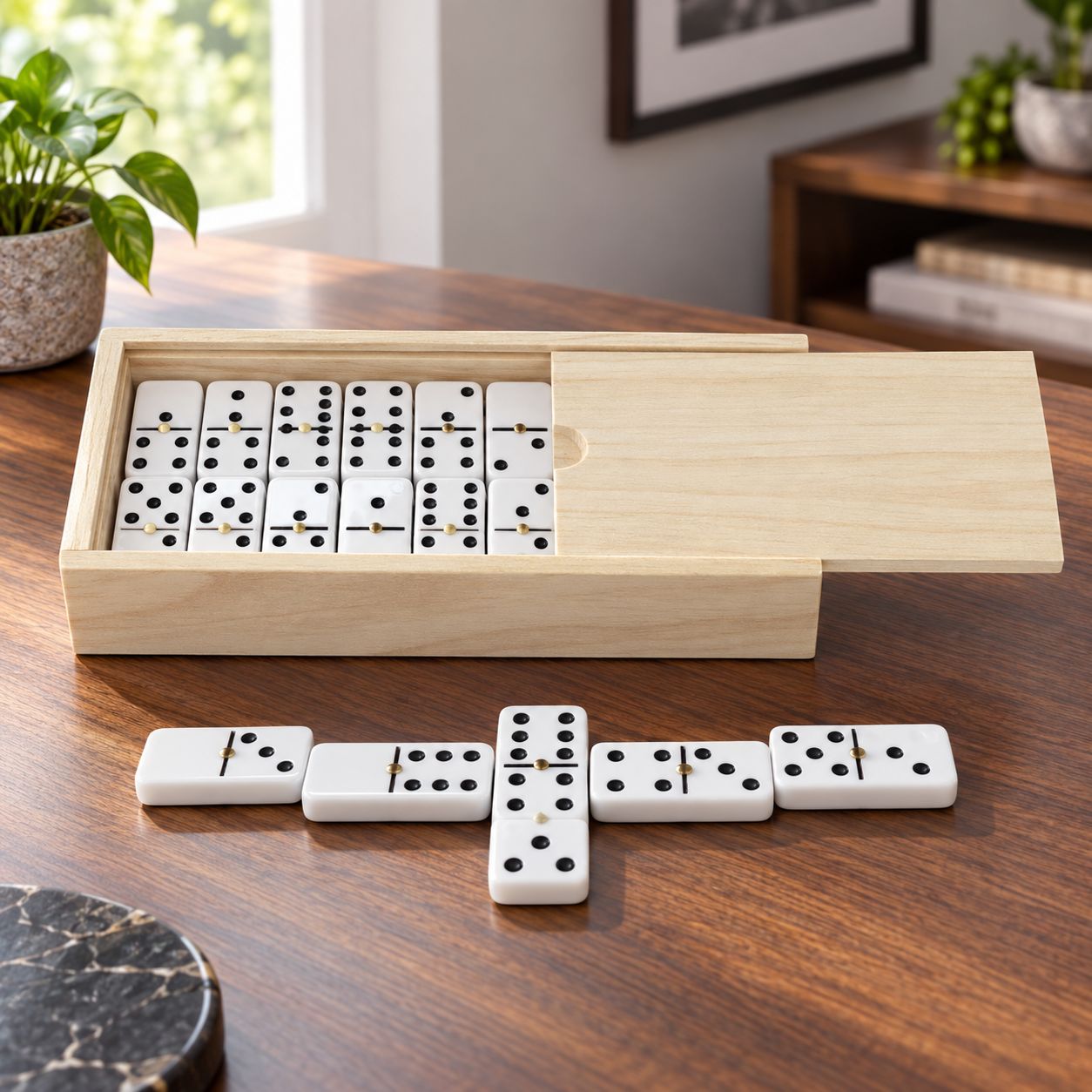 BENE CASA Hand Crafted Double 6 Dominoes Set with Wooden Storage Box - 28 Piece Set