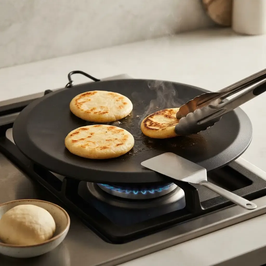 BENE CASA 12-Inch Round Nonstick Steel Comal, Flat Cooking Surface, Single Metal Handle, Oven and Dishwasher Safe, Gas, Electric and Ceramic Glass Cooktop Compatible  BC-40170