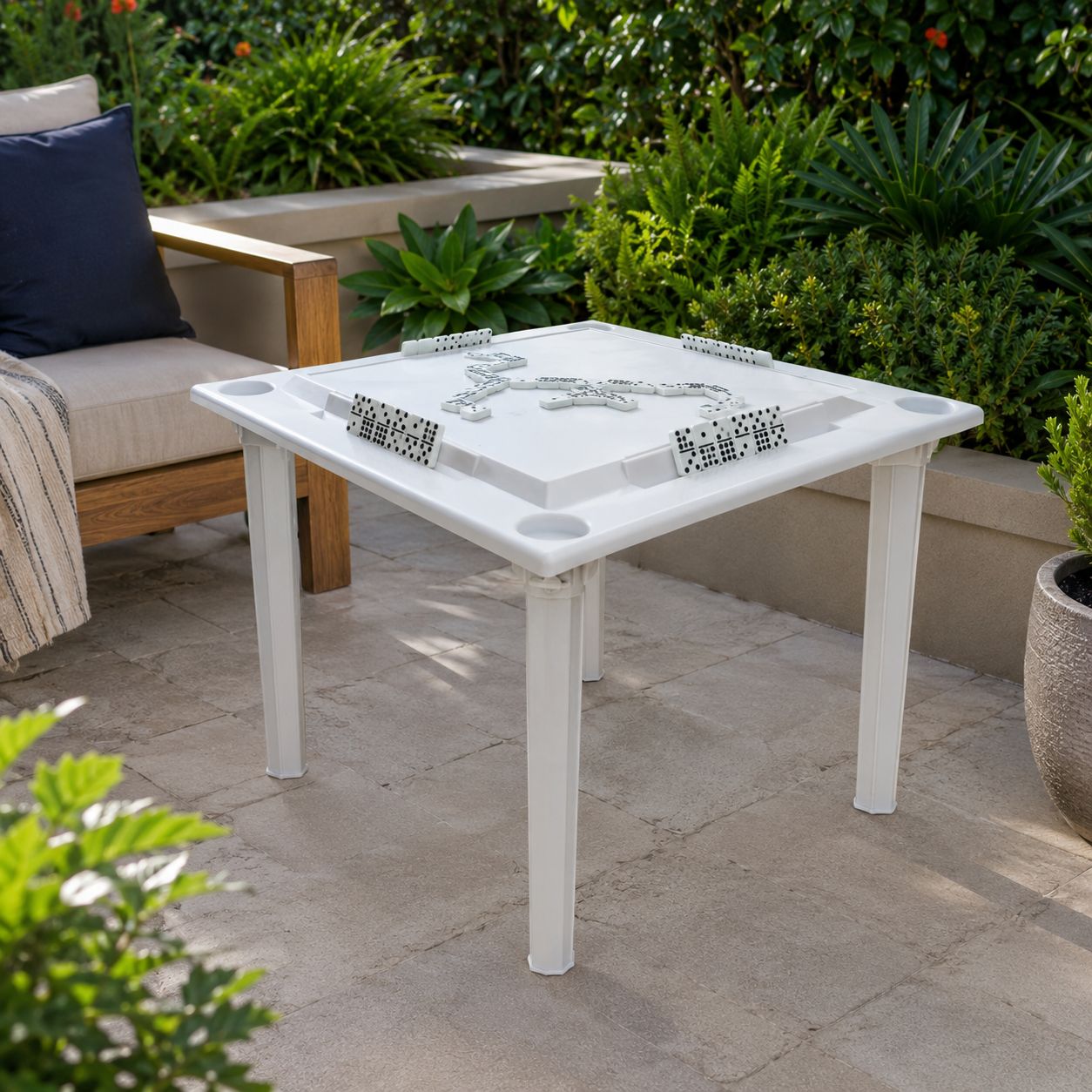 BENE CASA 30-Inch Square Indoor/Outdoor Portable Domino and Game Table, Waterproof Plastic Construction, Built-In Tile Racks and Drink Holders, Removable Legs, 4-Player Design, White  BC-65288