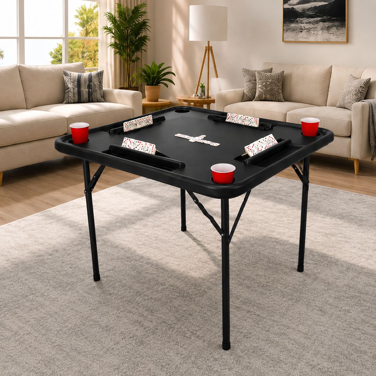 BENE CASA Professional Series 38-Inch Square Domino and Game Table, 4-Player Blow-Molded Plastic Design, Folding Locking Steel Legs, Built-In Tile Racks and Drink Holders, Indoor/Outdoor Use, Black  B