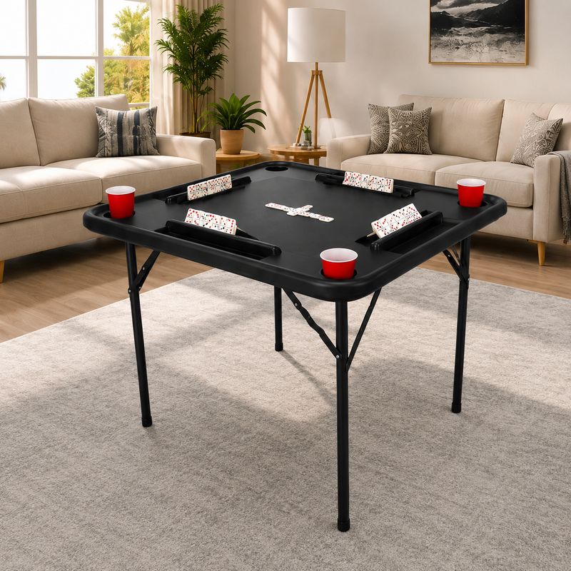 BENE CASA Professional Series 38-Inch Square Domino and Game Table, 4-Player Blow-Molded Plastic Design, Folding Locking Steel Legs, Built-In Tile Racks and Drink Holders, Indoor/Outdoor Use, Black  B