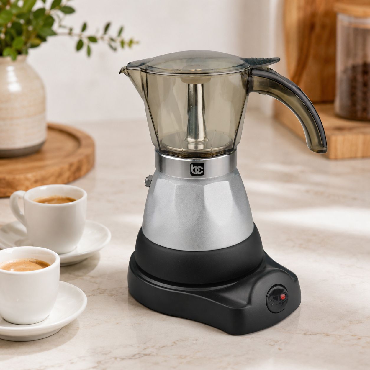 BENE CASA 6-Cup Stovetop Espresso Maker with See-Through Lid, Polished Silver and Black Finish  BC-58220