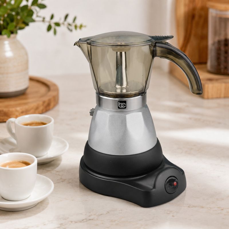 BENE CASA 6-Cup Stovetop Espresso Maker with See-Through Lid, Polished Silver and Black Finish  BC-58220