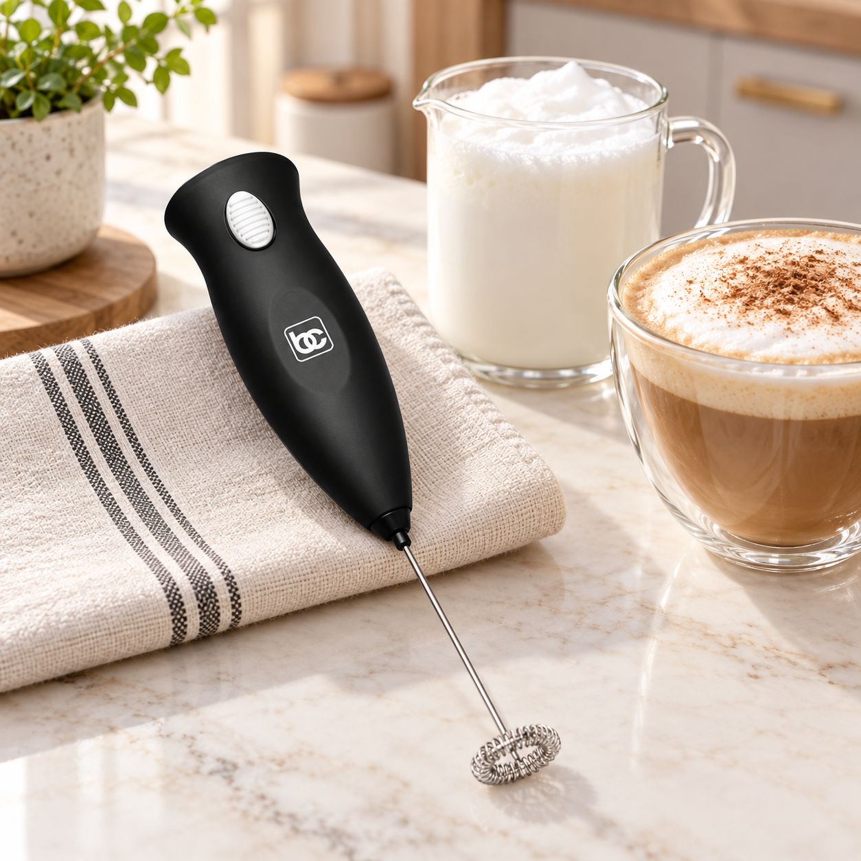 BENE CASA Cordless Handheld Milk Frother Mixer, 20-Second Frothing, Stainless-Steel Whisk, Rubber-Finished Black Handle, Battery-Powered BC-57380
