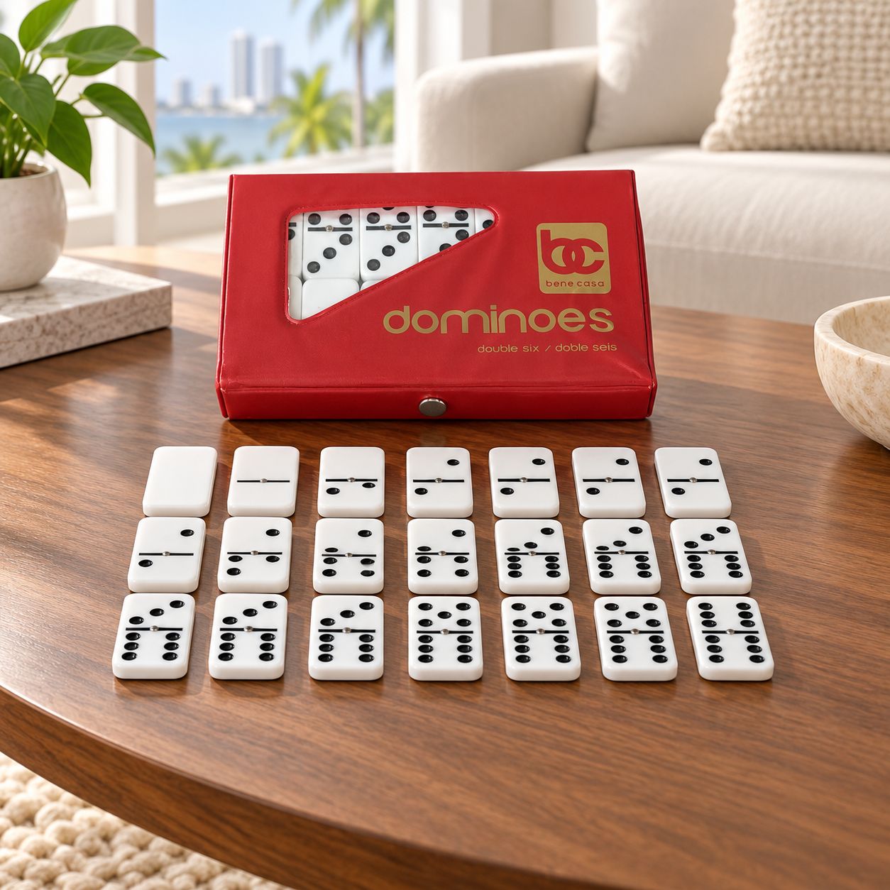 BENE CASA    28-Piece Double 6 Domino Set, Glossy White Tiles with Black Pips and Brass Spinners, PVC Storage Pouch  BC-17810