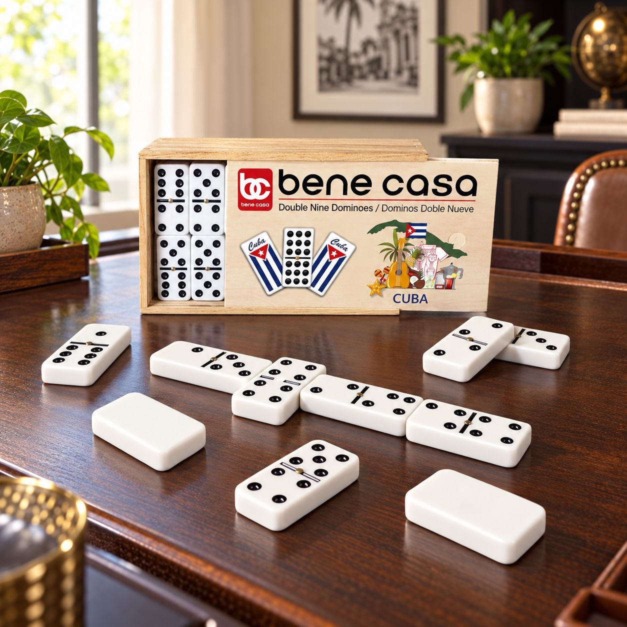 BENE CASA 55-Piece Cuban Flag Double-Nine Dominoes Set with Brass Spinners and Wooden Storage Box  BC-40854