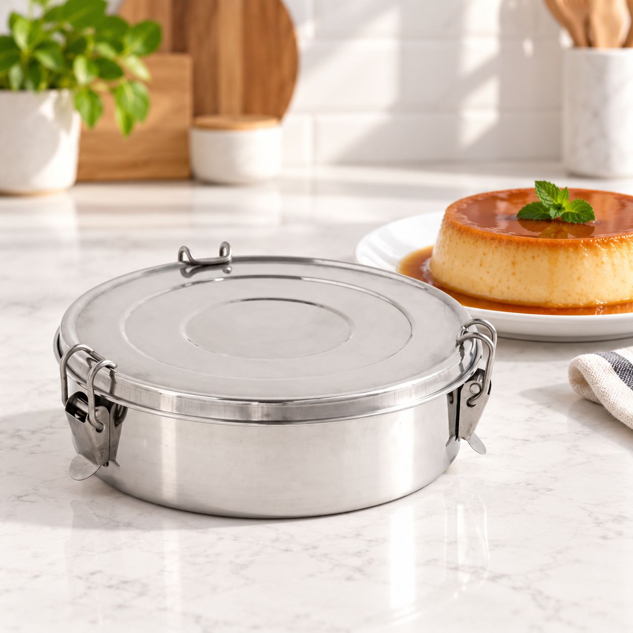BENE CASA 7-Inch Stainless-Steel Flan Maker, 1.5 Qt./1.5 L Round Mold with Locking Lid, Oven- and Dishwasher-Safe  BC-43657