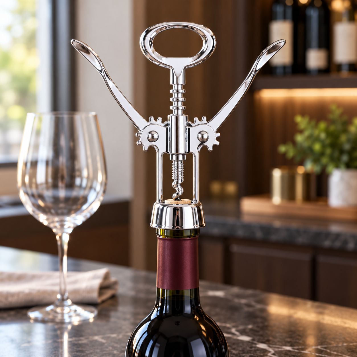 BENE CASA 9.2-Inch Chrome-Plated Wing Corkscrew, Double-Lever Wine Opener with Integrated Bottle Cap Remover, Silver  BC-58056