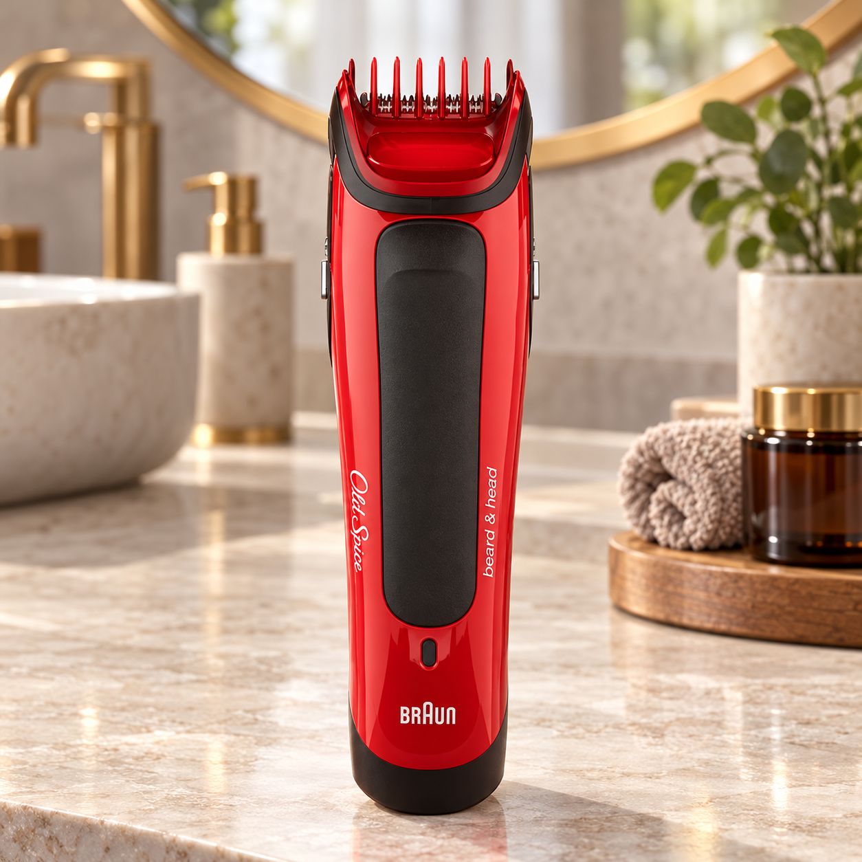 BRAUN Old Spice Rechargeable Beard &amp; Hair Trimmer with Stainless Steel Blades, 12 Comb Settings, 40-Minute Cordless Runtime and Washable Design, Red/Black – BRDHD50S