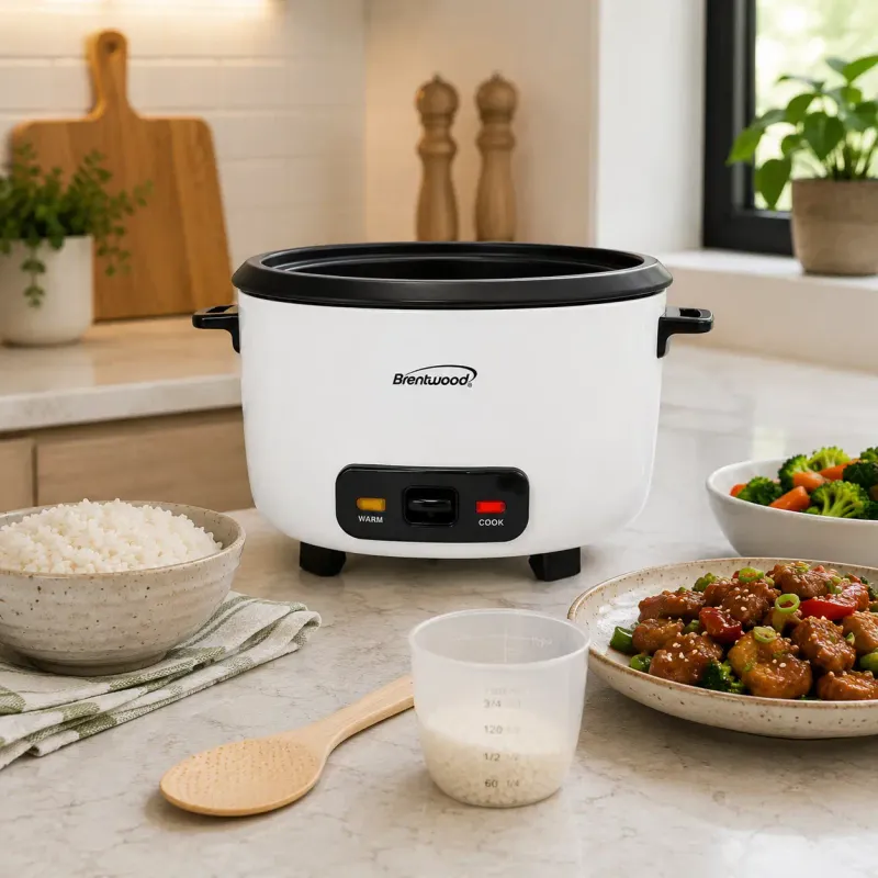 Brentwood 10 Cup Electric Rice Cooker with Removable Steam Tray, 700W, Measuring Cup and Spatula in White (RC-5020W)