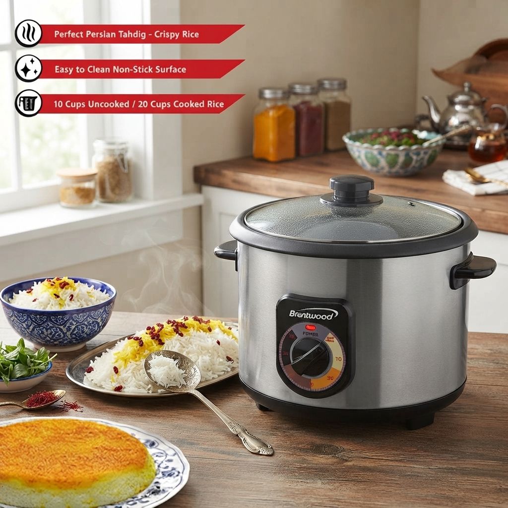 Brentwood Crunchy Persian Rice Cooker, 10-Cup Uncooked/20-Cup Cooked, 700W, Variable 60-Minute Timer, Nonstick Pot, Tempered Glass Lid, Silver/Black (TS-1020S)