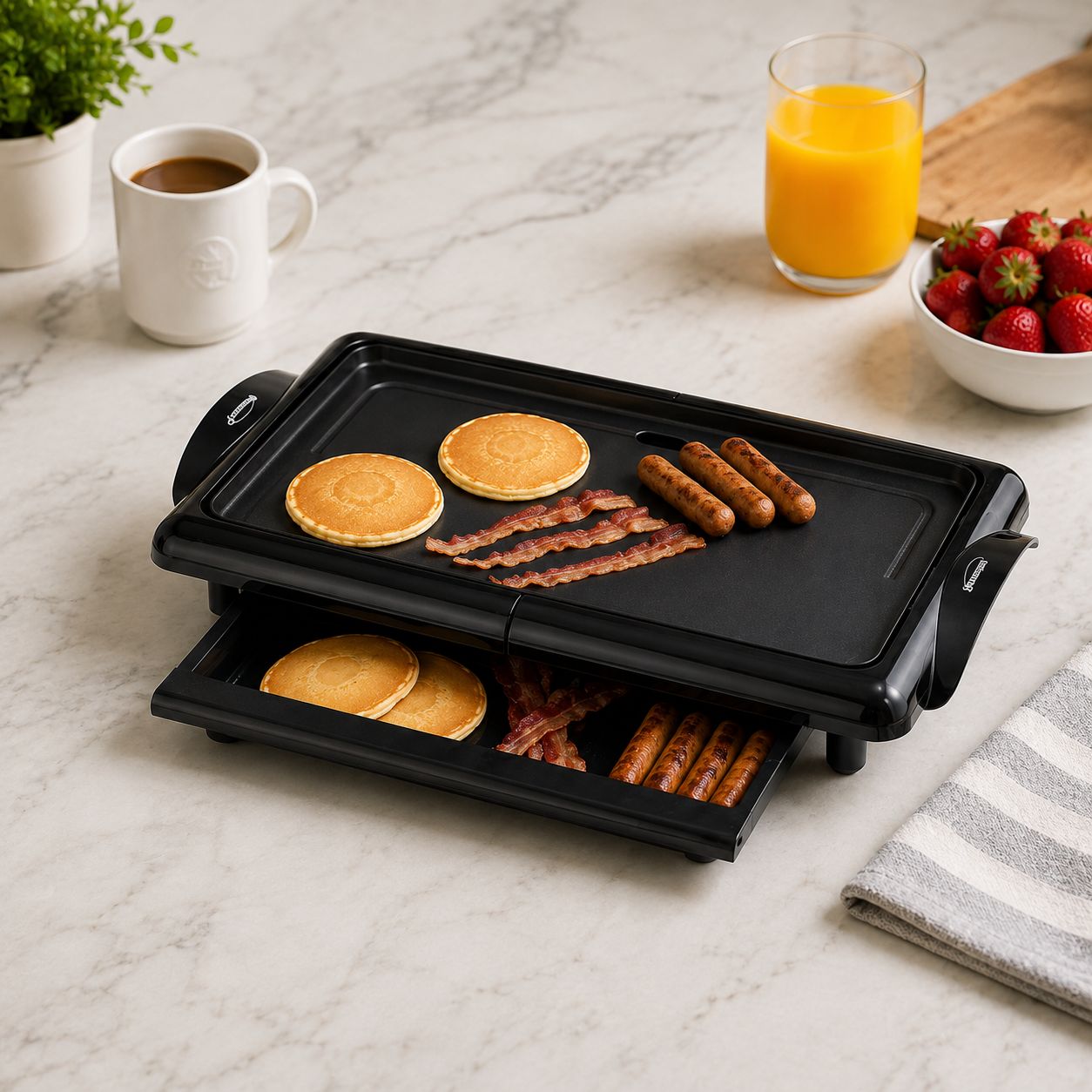 Brentwood Non-Stick Electric Griddle with Warming Tray - 1400W, 10 x 20 In. Cooking Surface, Die-Cast Aluminum, Black (TS-840)
