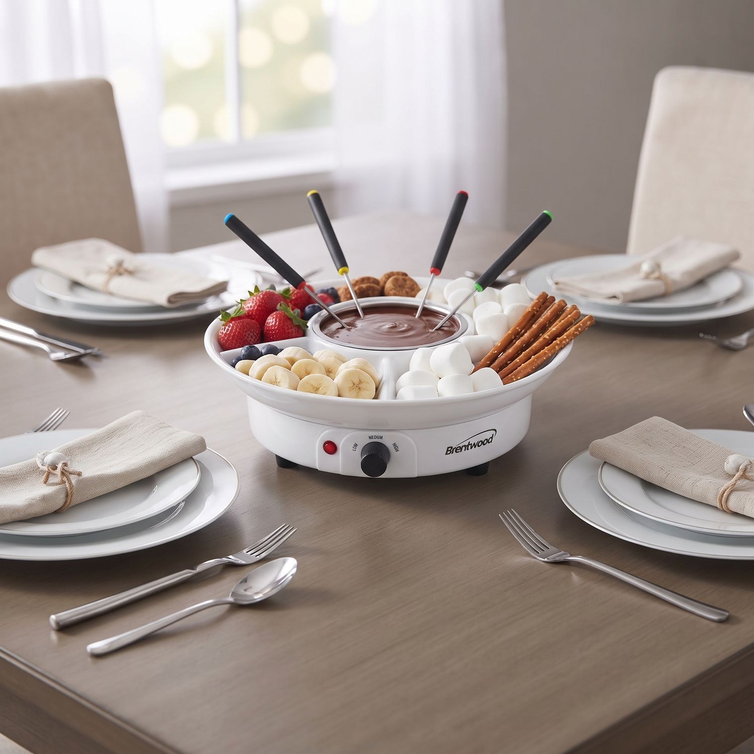 Brentwood 8-Piece Electric Fondue Pot Set with Flameless Melt &amp; Warm Settings, 10 Oz Stainless Steel Bowl, 3-Section Serving Tray &amp; 4 Dipping Forks, White (TS-604W)
